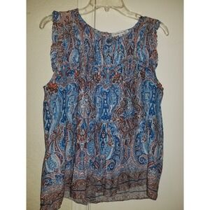 Rose Olive Blouse Tank Top Shirt Sleeveless Blue Paisley Pullover Women's Medium